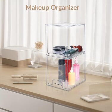 Штабелюваний органайзер для косметики та зберігання, прозорі акрилові шухляди для косметики з ручками для туалетного столика, під стільницею, кухонних шаф, комори, організації дому та зберігання, 2 шт.