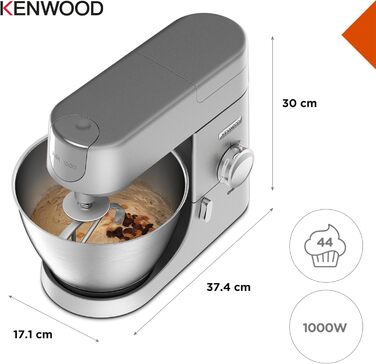 Кухонний комбайн Kenwood Chef KVC3110S, чаша для змішування з нержавіючої сталі 4,6 л, система безпеки з блокуванням, металевий корпус, 1000 Вт, включаючи набір для кондитерських виробів із 3 предметів і насадку для акрилового блендера, срібло