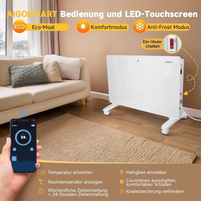 Електричний скляний конвекторний обігрівач Aigostar з пультом дистанційного керування для кімнат площею приблизно 30 м, радіатор з термостатом, енергозберігаючий ECO, тихий, 24-часовий таймер, окремостоячий/настінний, додаток Wi-Fi, 2000 Вт, чорний, білий