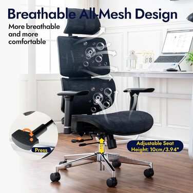 Ергономічне офісне крісло, висока спинка з сітчастого покриття та поперековою опорою, ігрове крісло з регульованими 3D-підлокітниками та підголівником, велике та високе поворотне комп&39ютерне крісло, вантажопідйомність 150 кг, чорна смужка