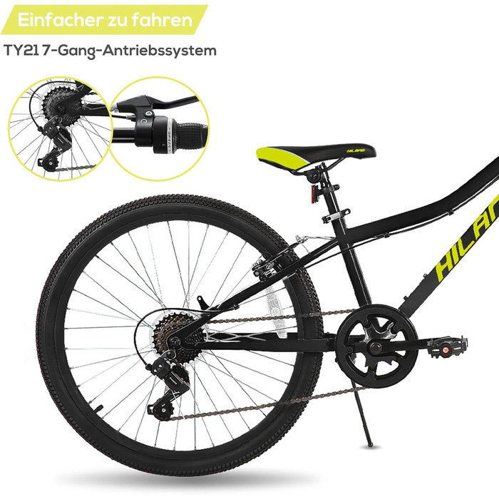 Дитячий велосипед Hiland Climber 24 дюйми, 7-швидкісний дитячий гірський велосипед, молодіжний MTB з амортизаційною вилкою, V-brakes, гірський велосипед для хлопчиків та дівчаток, чорний/синій/м&39ятно-зелений/рожевий