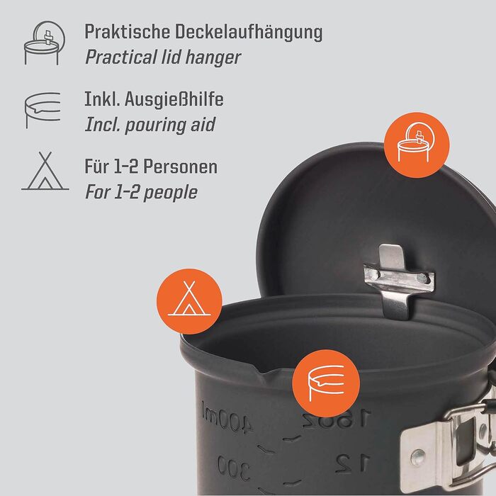 Набір для приготування їжі на твердому паливі Esbit - Кемпінгова плита на відкритому повітрі 585 мл з алюмінієвою каструлею - складні ручки - Кемпінговий каструльний набір 585 мл з твердоанодованого алюмінію