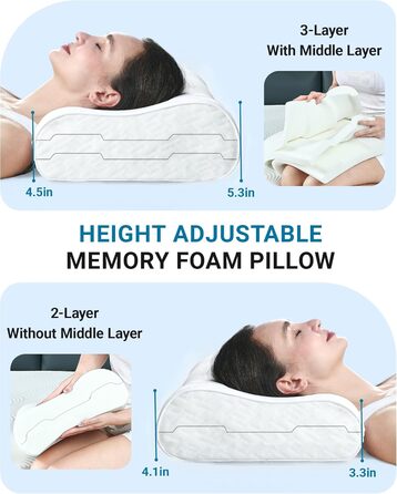 Подушка Elviros з піни з ефектом пам&39яті, регульована ергономічна подушка для полегшення болю в шиї, ортопедична подушка для підтримки шиї для сну на боці та на спині, знімний дихаючий чохол, білий