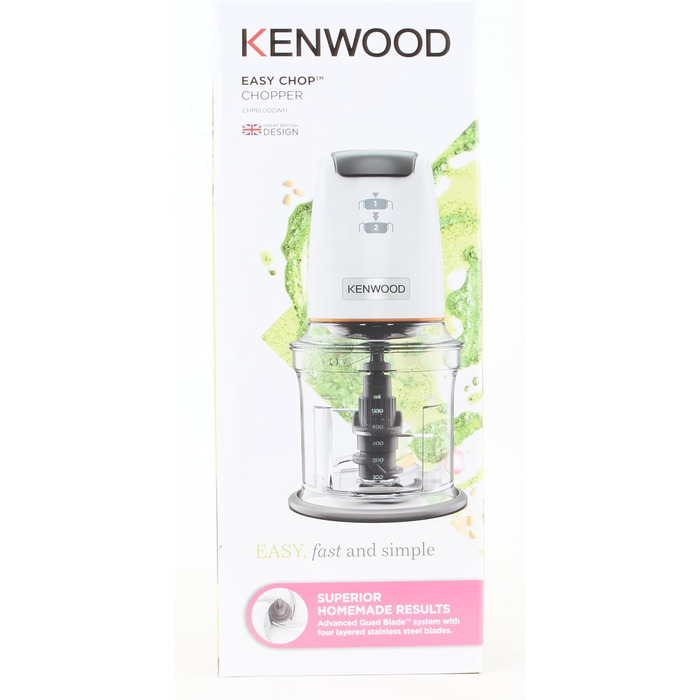 Подрібнювач з чотирма лезами, чаша 0,5 л, привід під тиском, 2 швидкості, нековзне кільце, можна мити в посудомийній машині, криголам, 500 Вт, білий, 61.000WH