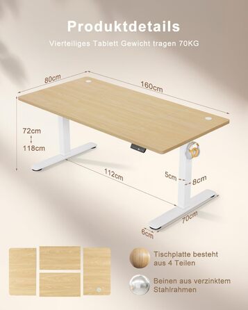 Стіл з регульованою висотою 160x80 з портом зарядки USB, 3 попередньо встановлені налаштування пам&39яті, стіл з регульованою висотою та органайзером для кабелів, комп&39ютерний стіл, стіл для роботи стоячи, бежевий 160 x 80 см, клен білий
