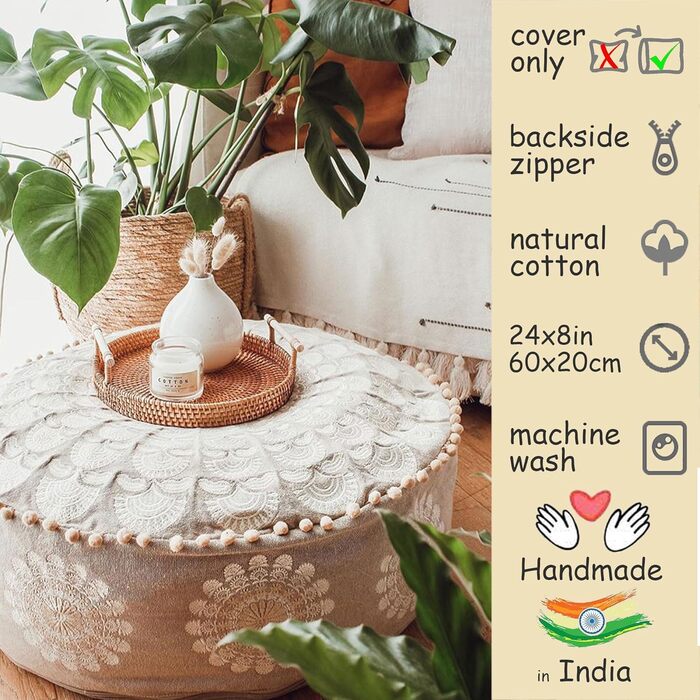 Кругла підлогова подушка Mandala Life ART XXL з помпонами, бежева, великий пуф/табурет, подушка для сидіння в стилі бохо, розкішна з художнім декором кімнати, плюшева, 100 бавовна, без наповнювача, 60x20 см, чохол для подушки 60x20 см, бежевий