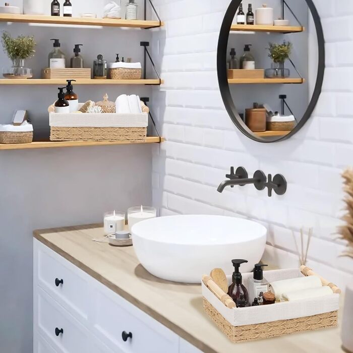 Набір плетених кошиків для зберігання з 2 предметів, плетений кошик ручної роботи в стилі бохо, декоративний кошик з ротанга з ручками та підкладкою, кошик-полиця, кошик для ванної кімнати, органайзер для пеленального столика (бежевий)