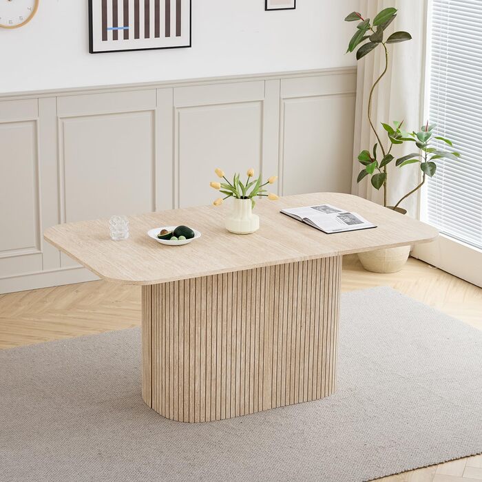 Сучасний обідній стіл на 4-6 осіб, прямокутний кухонний стіл 160 см (травертин) з важкою основою-тумбою для вітальні, кухні, квартири, жовтий