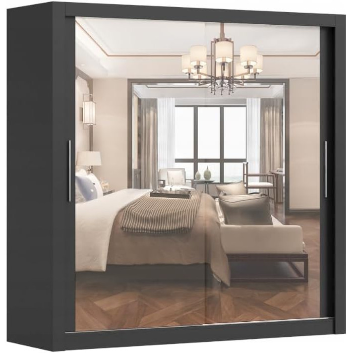 Шафа з дзеркалом - Шафа з розсувними дверима - Шафа для спальні - 64 x 203 x 215 см - Шафа для вітальні - Вішалка для одягу, Шафа з двома дверима, Сучасна 200 см Чорного кольору