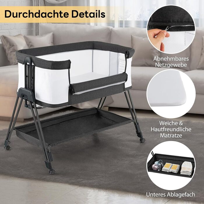 Дитяче ліжечко DREAMADE, 7-рівневе регульоване по висоті дорожнє ліжечко з матрацом та колесами, складне дитяче ліжечко з регульованим кутом нахилу, для дітей 0-6 місяців та вагою до 9 кг (темно-сіре)