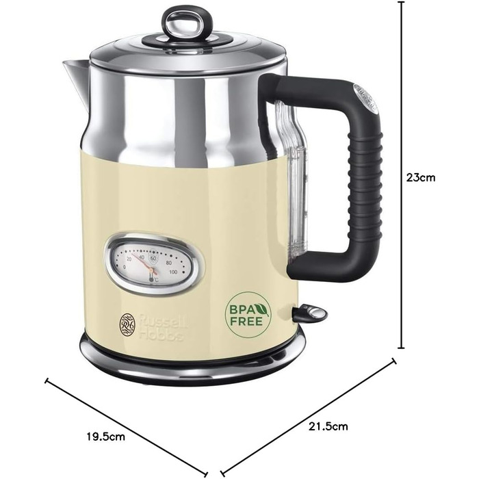 Чайник Russell Hobbs 1,7 л, 2400 Вт ретро кремовий та полірована нержавіюча сталь (функція швидкого закипання, індикатор температу