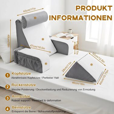Подушка для читання зі знімним потиличним валиком та підлокітником, зручна та легка спинка для ліжка та дивана, спинка для дорослих, спинка з піни з ефектом пам&39яті для читання, перегляду телевізора та відеоігор