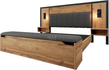 Двоспальне ліжко Kebnor з м&39якою поверхнею, комплект ліжка з лампою для читання та USB-портом, тумбочкою та лавкою для зберігання речей, каркас ліжка з рейковою основою з металу, дерева та льону, дуб (матрац не входить до комплекту) (180200 см) 180200 с