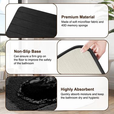 Комплект килимків для ванної кімнати з 3 предметів з піни з ефектом пам&39яті нековзні, миючі килимки для ванни, душу та туалету розкішний комфорт та сучасний дизайн (чорний)