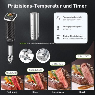 Кухонна плита Sous Vide WiFi Precision Cooker App Control Sous Vide Rod 1100 Вт Циркуляція 40C-90C Діапазон температур IPX7 Водонепроникний РК-сенсорний дисплей Ультратихий занурювальний циркуляційний насос Вуглецеве волокно Чорний