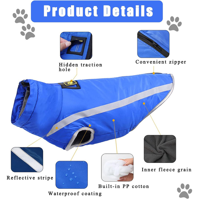 Зимова куртка для собак, тепле пальто для собак середніх та великих собак, водонепроникний зимовий одяг для собак, світловідбиваючий флісовий одяг для цуценят, лабрадора, бульдога, самоєда (6XL/68 см, синій) 6XL/68 см синій