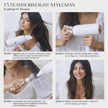 Професійний іонний фен T3 Featherweight StyleMax з автоматичним регулюванням температури та 4 насадками швидке сушіння, легка вага, 5 температурних та 3 швидкісних режимів