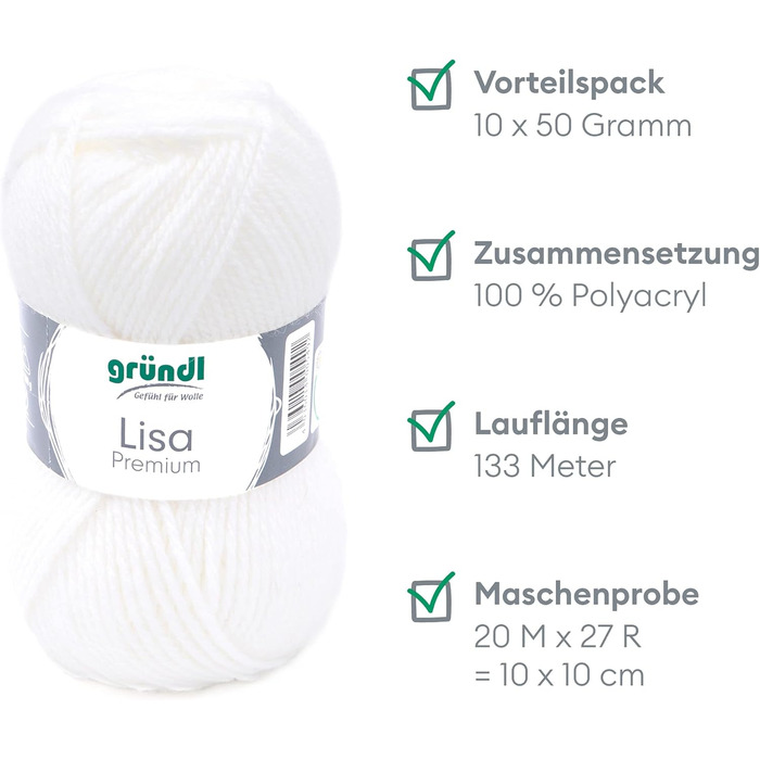 Пряжа Grndl Lisa Premium Uni Knitting & Chet Yarn (м'яка і вовняна характер, проста в догляді миється трикотажна пряжа з 100 поліакрилу, 50 г/ 133 м, розмір голки 3,5 - 4,5, 10 клубків по 50 г кожен), білий