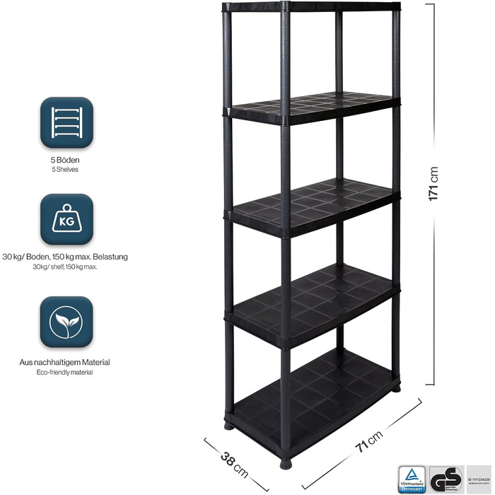 Набір Kreher Value з 2 пластикових стелажів, підвальні стелажі, стелажі для зберігання, 5 полиць чорного кольору. Максимальне навантаження 150 кг на полицю. 71 x 38 x 171 см (В). Сертифіковано TV Rheinland.
