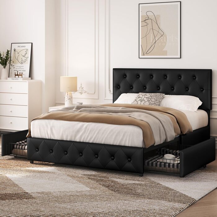 Ліжко Yaheetech з м&39якою оббивкою 140 x 200 см, двоспальне ліжко з 2 шухлядами, узголів&39ям з регульованою висотою, м&39яке ліжко з рейковою основою, багато місця для зберігання, чорний колір