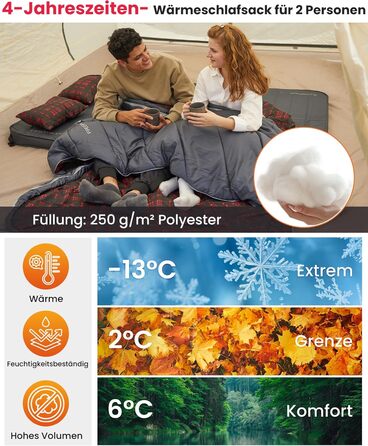 Подвійний спальний мішок KingCamp, бавовняний фланелевий зимовий спальний мішок для 2 осіб, тепла ковдра-спальний мішок, 3-4 сезони з 2 фланелевими подушками для дітей та дорослих, кемпінг, подорожі та активний відпочинок, довгий - сірий