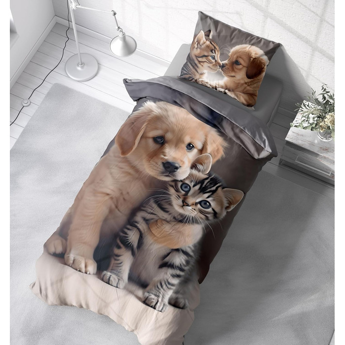 Зимова фланелева постільна білизна Бавовняна Затишна Пухнаста Тепла М&39яка Фланелева Підковдра Сучасна, Розмір 2-предметна 135x200 см, Колір Собаки Коти Цуценята Сірий 2-предметна 135x200 см Собаки Коти Цуценята Сірий