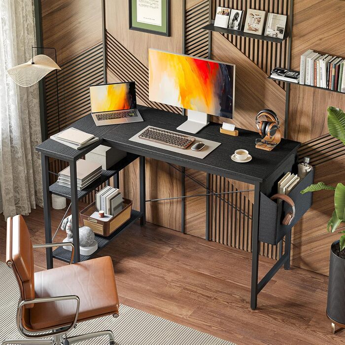 Г-подібний стіл BEXEVUE ігровий стіл 120x70 см з відділеннями для зберігання, двосторонній кутовий стіл для ПК, комп&39ютерний стіл, кутовий ігровий стіл для навчання, роботи, дому, спальні, чорний 120 x 70 см