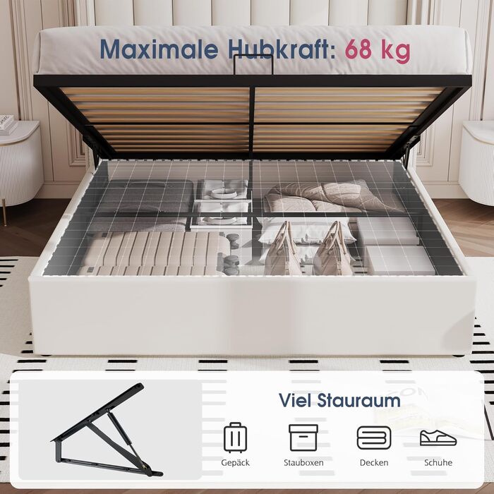 М&39яке ліжко з ящиком для зберігання речей, узголів&39ям заввишки 115 см, місцем для зберігання речей, функцією підйому та хромованим дизайном, каркас з масиву дерева оксамит (кремово-білий, 140 x 200 см) 140 x 200 см Бежевий