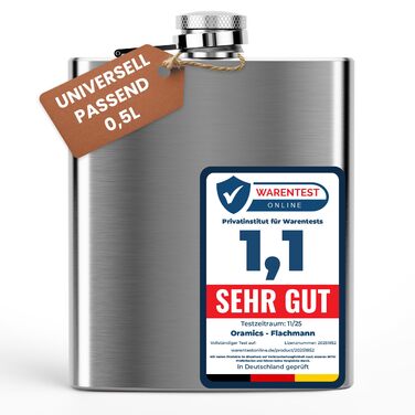 Фляга з нержавіючої сталі об&39ємом 0,5 л, срібляста, з гвинтовою кришкою - герметична, місткість 500 мл, 17x13x3 см - багаторазова пляшка для алкоголю, кишенькова фляга, півлітра, 18 унцій, 1 x 500 мл