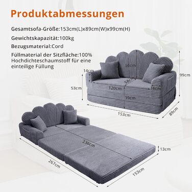 Місний розкладний диван IRONCK з функцією сну, диван-ліжко без кісток з вельвету та піни, диван-ліжко 153x267 см, розкладний диван-ліжко, 2 подушки та бічні кишені, диван-ліжко для вітальні-спальні, сірий темно-сірий, 2-