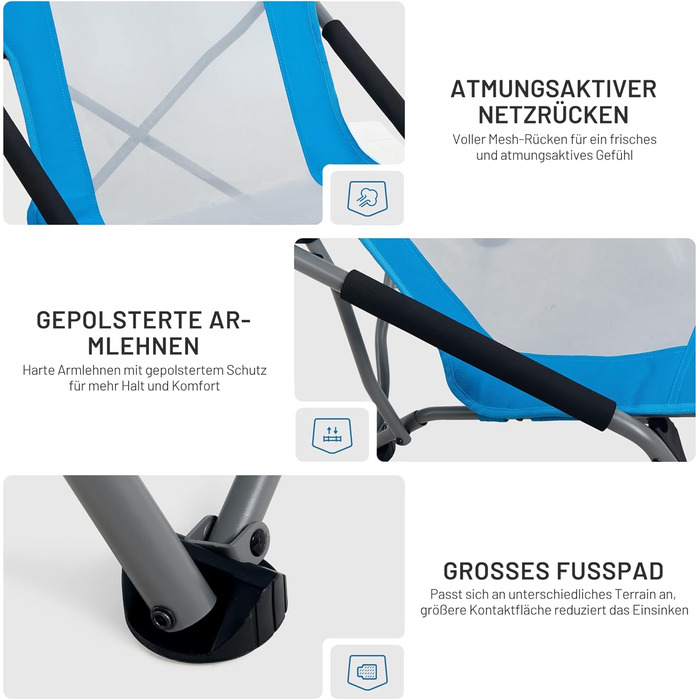 Пляжне крісло TIMBER RIDGE, складне, легке, кемпінгове крісло з високою спинкою, складне з низькими ніжками, спинка з дихаючої сітки, синє