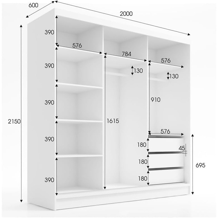 Шафа-купе A&J MbelLand LINA з розсувними дверима, 200 см, з дзеркалом, 3 шухлядами та 3D-ламелями (графіт)