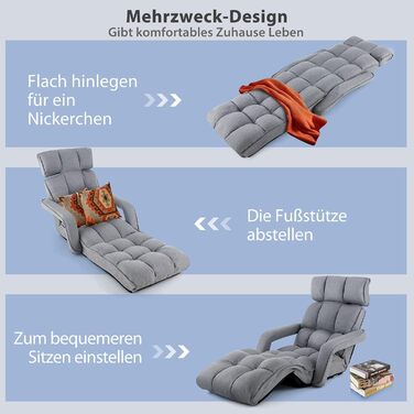 Крісло-реклайнер COSTWAY, регульоване у 5 положеннях, складне, з підлокітниками та спинкою, шезлонг для ігор, сну та читання (світло-сірий)