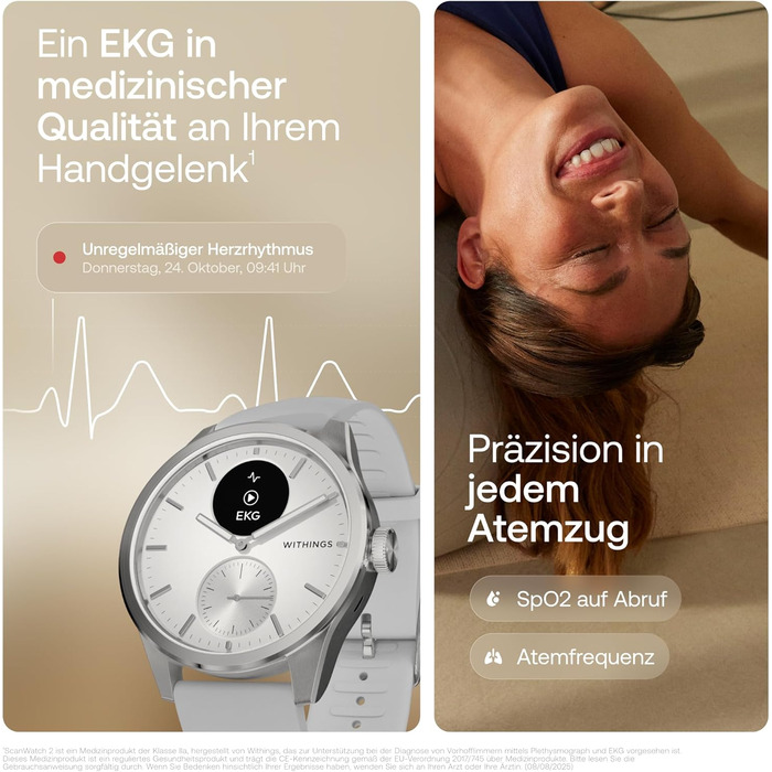 Годинник для здоров&39я Connected Health, чоловічий/жіночий, ЕКГ (електрокардіограма), SpO2, температура, відстеження сну, здоров&39я дихальних шляхів, відстеження активності, калорії, водонепроникний, 30-денний час роботи від батареї, Android/iOS, білий,