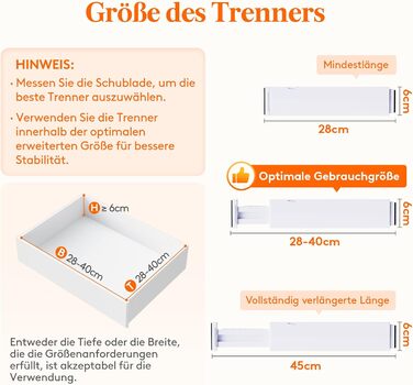 Набір із 8 регульованих роздільників для шухляд Lifewit, органайзери-роздільники для внутрішньої довжини 2840 см та висоти &gt6 см, для спальні, кухні, столових приборів, шаф, письмового столу, системи організації шухляд, білого кольору, 8 висоти 6 та дов