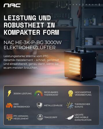 Електричний керамічний вентилятор-обігрівач NAC 3000 Вт - радіаційний обігрівач з термостатом, електричний обігрівач - обігрівач з 3 режимами нагріву, електричний обігрівач для гаража, майстерні, будівельного майданчика - будівельний обігрівач/осушувач по