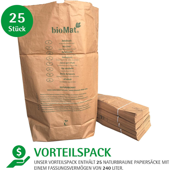 Компостовані паперові пакети bioMat 240 л з крафт-паперу, 25 паперових пакетів для контейнера для органічних відходів, 1-шарові, стійкі до розриву, вологостійкі, (упаковка з 25 шт.) 240 л (25 шт.)