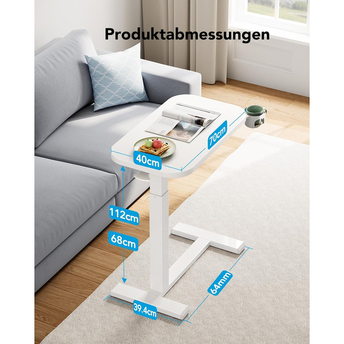 Журнальний столик HUANUO з колесами, регульований по висоті бічний столик зі стільницею 70 x 40 см, мобільний пневматичний невеликий столик для ноутбука з підставкою для чашок для домашнього офісу, білий 70 x 40 см