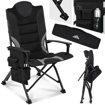 Складаний кемпінговий стілець, висока спинка, зручна оббивка з великим місцем для зберігання речей, підсклянник, 2 підлокітники, вантажопідйомність до 150 кг, компактний та легкий складний стілець із сумкою, чорний кемпінговий стілець