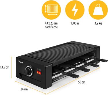 Багатофункціональний прилад для раклету та піци регульований термостат з подвійним нагрівальним елементом 43 х 23 см варильна поверхня на 8 осіб без BPA 1300 Вт, чорний, 2736