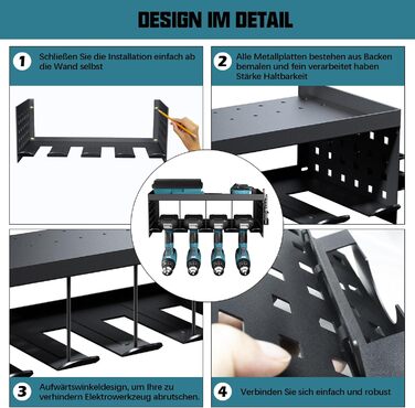 Зберігання інструментів Настінне кріплення Акумуляторний ударний дриль-шуруповерт, 4 слоти Надміцна електрична дриль Настінна стійка для зберігання Шуруповерт Організація Тримач інструментів
