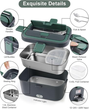 Електричний ланч-бокс AUTOPkio 1,8 л 80 Вт, 12 В/24 В/220 В, великий підігрів їжі з сумкою, виделкою та ложкою з нержавіючої сталі для автомобіля, вантажівки, офісу, сірийзелений