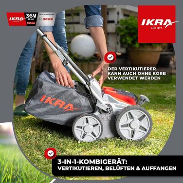 В-1 Аератор-Вертикуттер-Скарифікатор 36В IB-SR 36, мішок для збору трави 45л, ширина захвату 36см, без акумулятора та зарядного пристрою, сумісний з Bosch, 3-