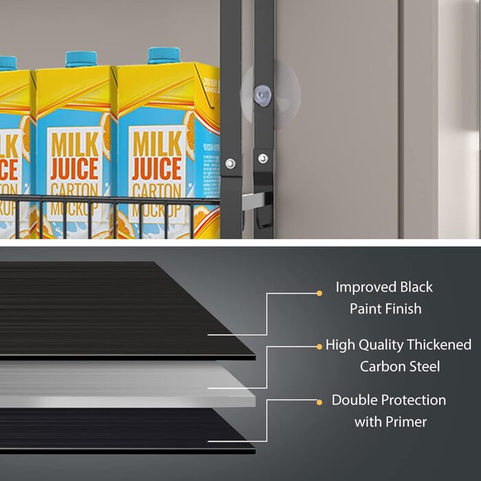 Полиця для холодильника з вуглецевої сталі, 3-секційна полиця для спецій (не потребує свердління), підвісна полиця з 8 гачками, підвісна кухонна полиця, органайзер для спецій з клейкими смужками