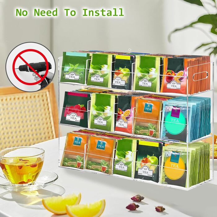 Органайзер для чайних пакетиків Qivine 270, великі коробки для чайних пакетиків, 3-рівнева пластикова шафа-органайзер для чаю для стільниць, кухонних шаф, комор (15 відділень)