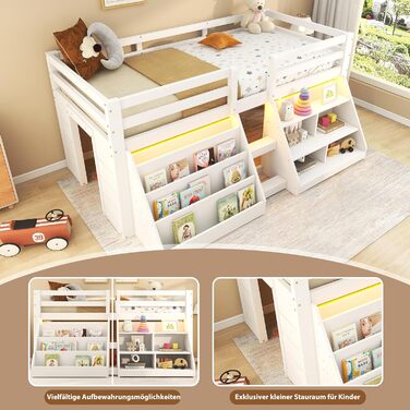 Дитяче ліжко середнього класу 90x200 зі світлодіодним освітленням, односпальне ліжко зі сходами та шафою для зберігання, ліжко з місцем для зберігання, дерев&39яне ліжко, функціональне ліжко, дитяче ліжко із захистом від падіння та рейковим каркасом, біле