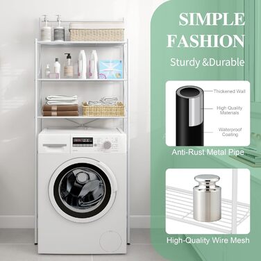 Полиця для пральної машини MALLBOO, не потребує свердління, 3-рівнева полиця для ванної кімнати, полиця для унітазу з нержавіючої сталі, компактна підставка для ванної кімнати (біла) Білий 9,45&39 Г x 25,59&39 Ш x 65,35&39 В