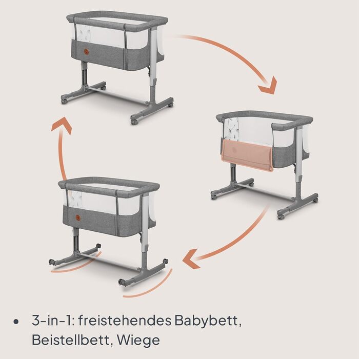 Дитяче ліжечко Lionelo Aurora 3-в-1 (до 9 кг), приліжкове ліжечко, колиска, регулювання висоти та нахилу матраца, 4 колеса з гальмами, ергономічний матрац, сумка для зберігання, сірий колір, великий розмір