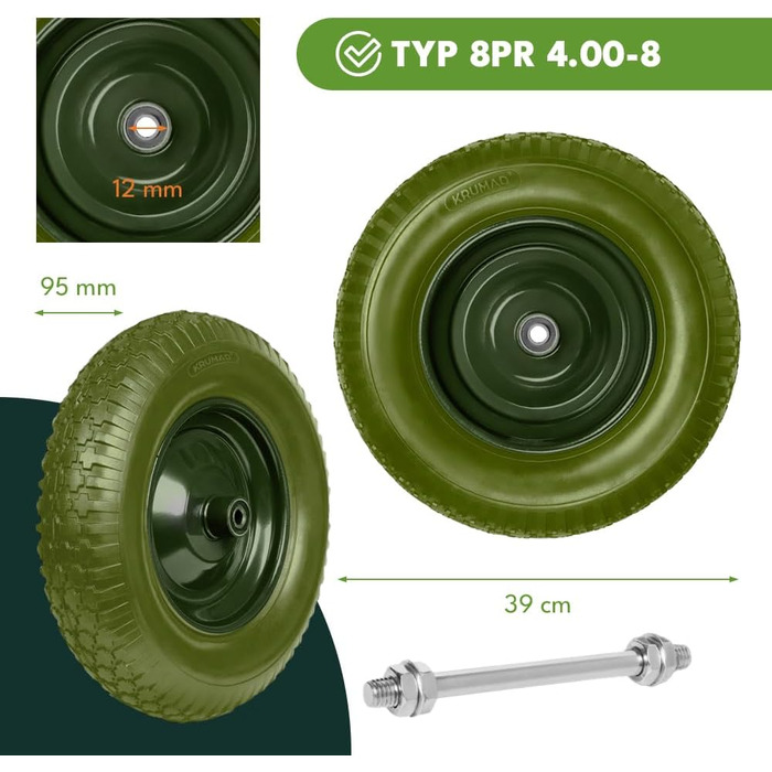 Колесо для тачки KRUMAD PU-піна 4.80/4.00-8, до 180 кг, з віссю, не проколюється, не потребує обслуговування, сталевий диск, подвійний кульковий підшипник, запасне колесо для тачок та візків, захист від проколів, темно-зелений