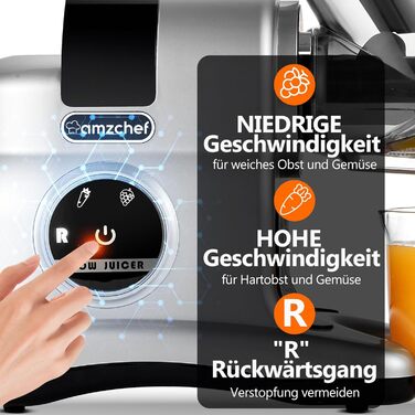 Соковижималка AMZCHEF з великим жолобом подачі 80 мм - Соковижималка 150 Вт Повільна соковижималка з 2 режимами швидкості та функцією повернення - Соковижималка для цілих овочів та фруктів Переможець тесту - Silver Juicer Silver